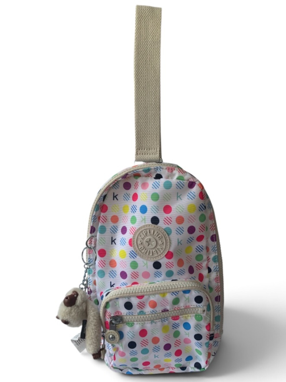 Kipling Multicolor Polka Dot Mini Sling Crossbody Bag with Monkey Charm